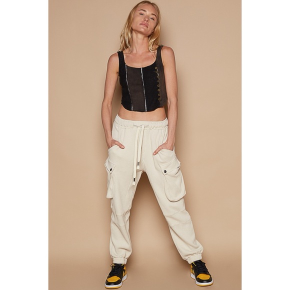 POL Waffle Knit Slouchy Cargo Joggers in Cream - Picture 9 of 13